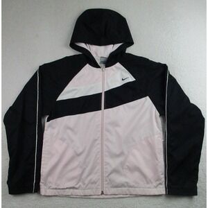VTG Nike Jacket Womens M Black Pink Hooded‎ Full Zip Windbreaker Athletic Swoosh
